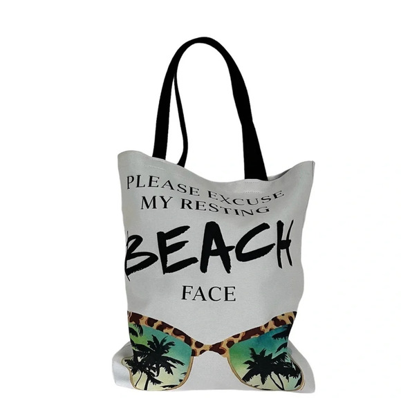 One Bella Casa Resting Beach Face Polyester Tote Bag Multi Color 18” - Picture 2 of 3